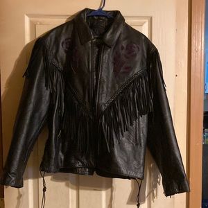 Fringed leather Jacket with purple Roses